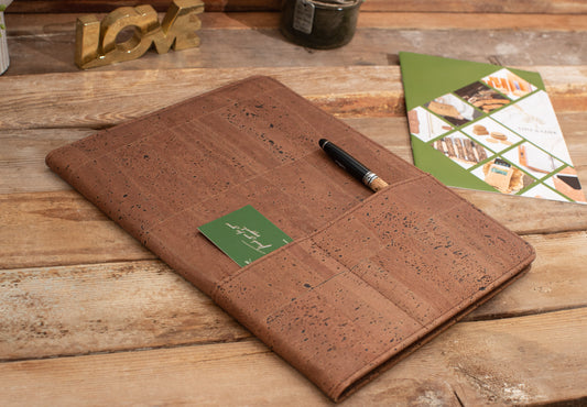 Cork Padfolio in Brown color with pocket on the front and back, plus additional pocket on the inside, portfolios/document holders